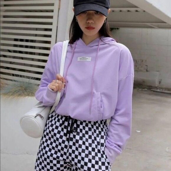 Dazy Purple Letter Words Patched Drawstring Hooded Sweatshirt - Picture 4 of 4